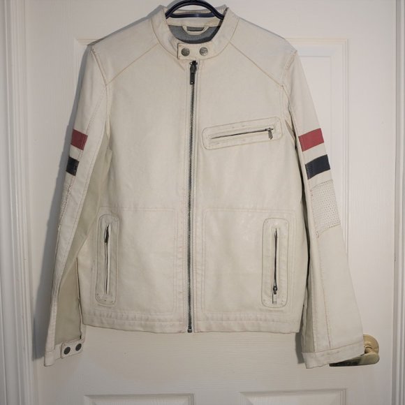 Springfield Men's Motorcycle White Stripe Biker Leather Jacket White Size Eur M - Picture 2 of 5